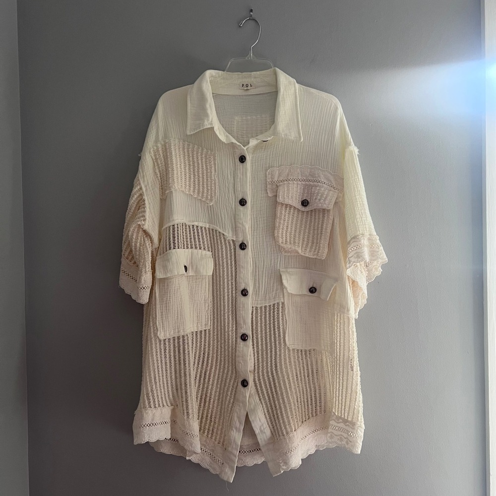 POL Womens Cream Patchwork Gauze Crochet Lace Button Up Shirt FWT529 Size Large